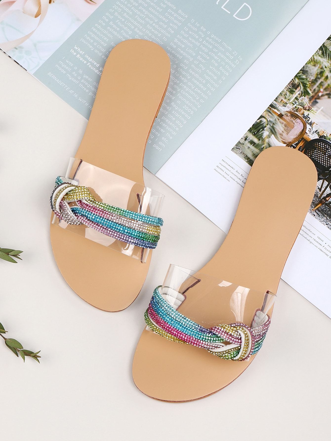 Shein Clear Rhinestone Knot Decor Slide Sandals Bagallery