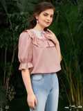 Shein- Puff Sleeve Ruffle Trim Top