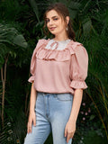 Shein- Puff Sleeve Ruffle Trim Top