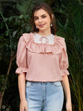 Shein- Puff Sleeve Ruffle Trim Top