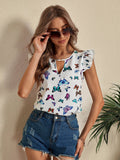 Shein- Allover Butterfly Print Keyhole Neck Blouse