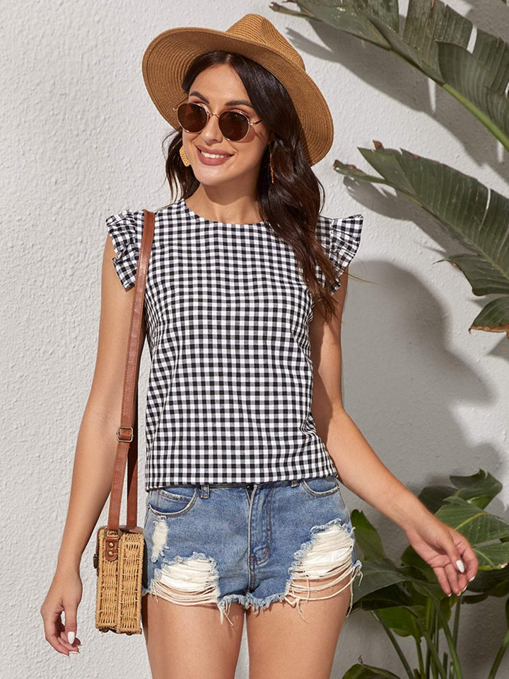 Shein- Gingham Print Butterfly Sleeve Blouse