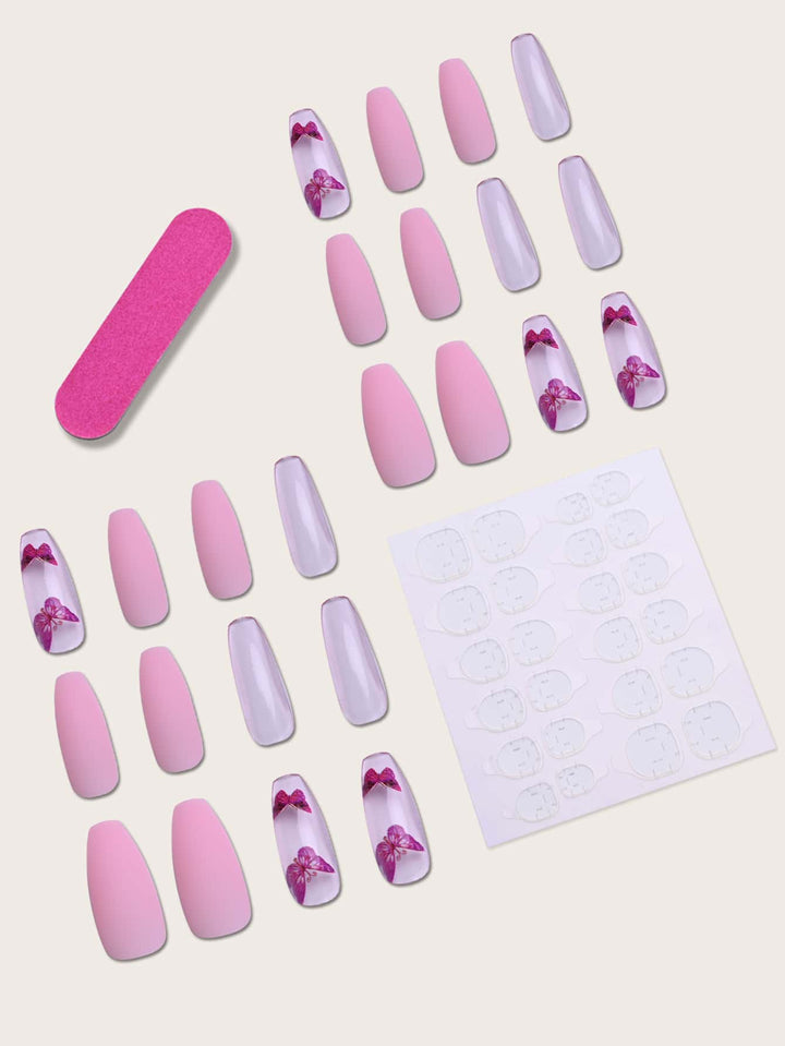 Shein- 24pcs Butterfly Clear False Nail & 1sheet Tape & 1pc Nail File