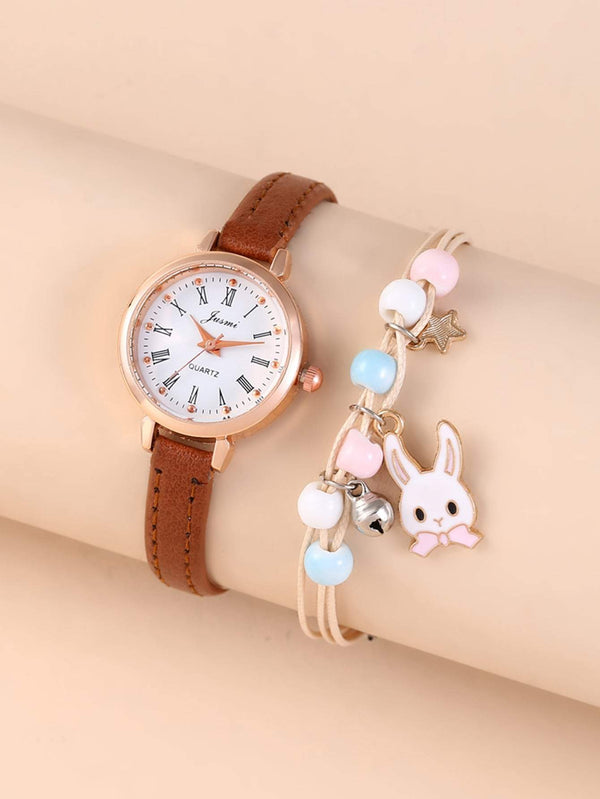 Shein- 1pc Kids Round Pointer Quartz Watch & 1pc Bracelet