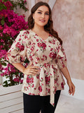 Shein - Plus Floral Print Self Tie Blouse