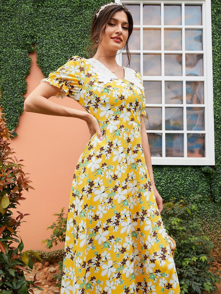 Shein - Floral Print Contrast Guipure Lace Flounce Sleeve Dress Bagallery Shein - Floral Print Contrast Guipure Lace Flounce Sleeve Dress Bagallery