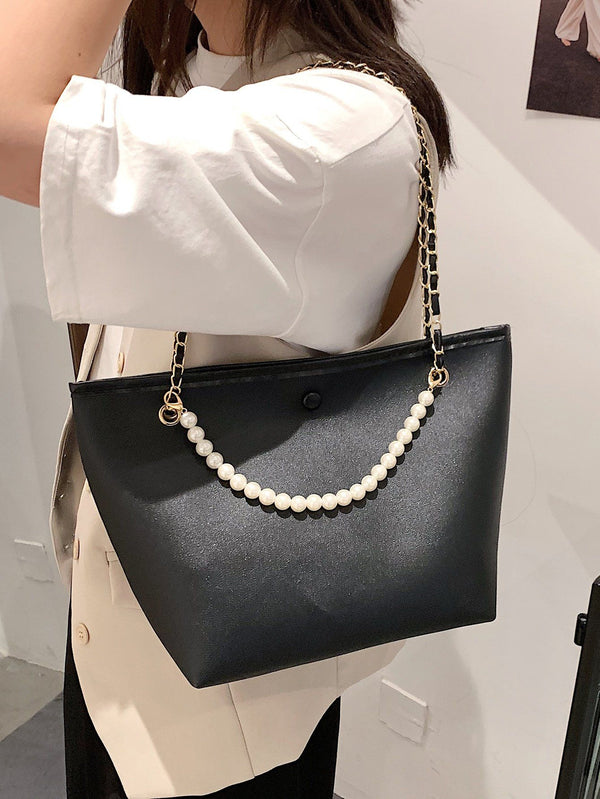 Shein- Faux Pearl Decor Chain Shoulder Tote Bag