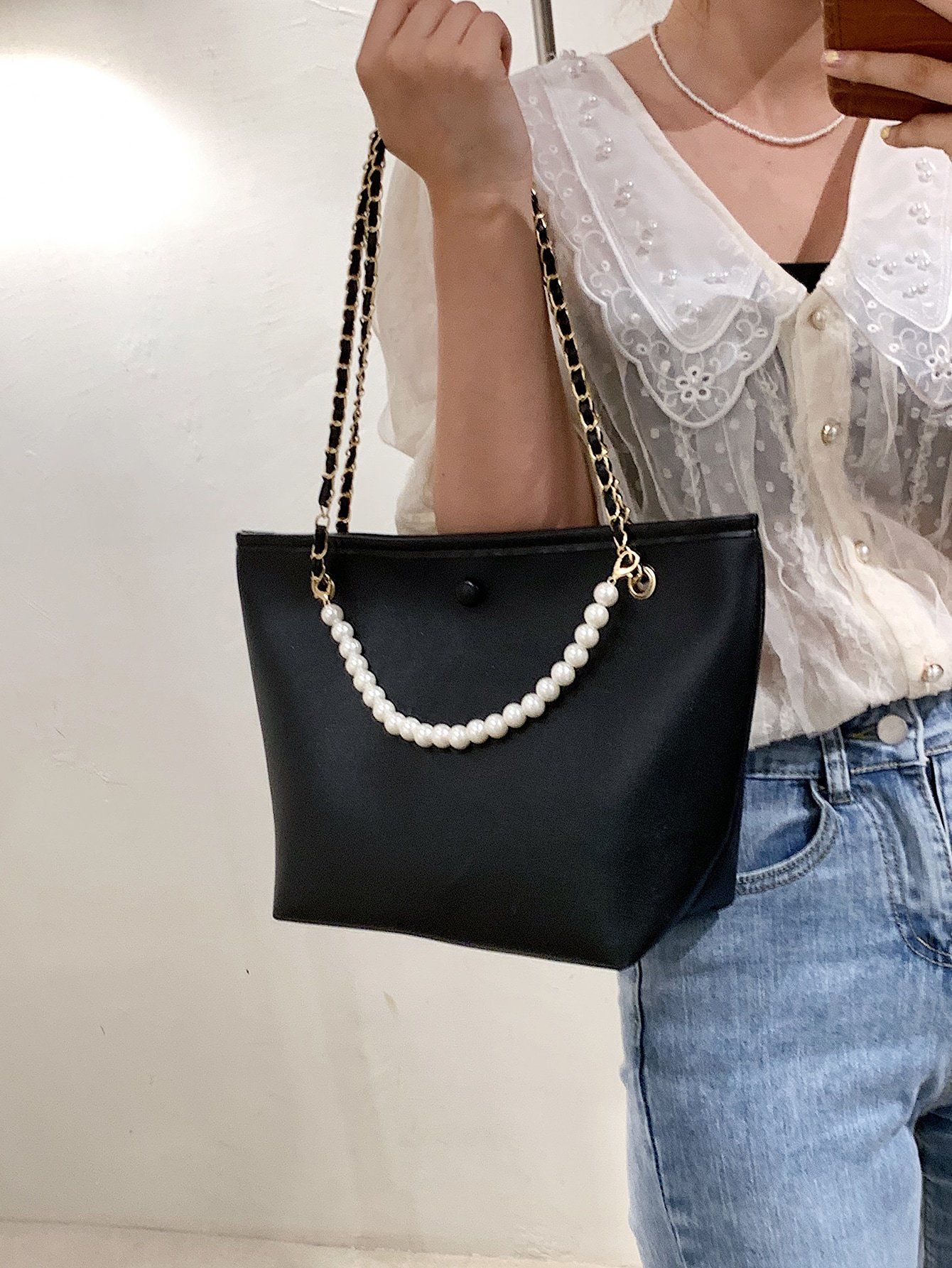 Shein- Faux Pearl Decor Chain Shoulder Tote Bag – Bagallery