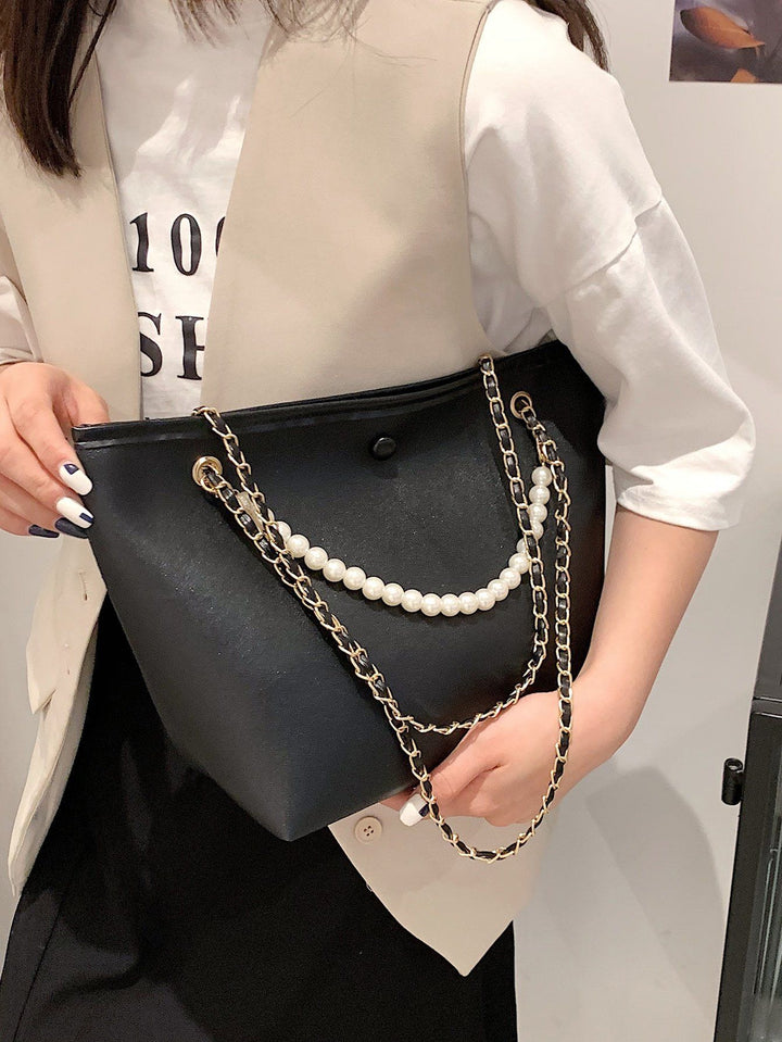 Shein- Faux Pearl Decor Chain Shoulder Tote Bag