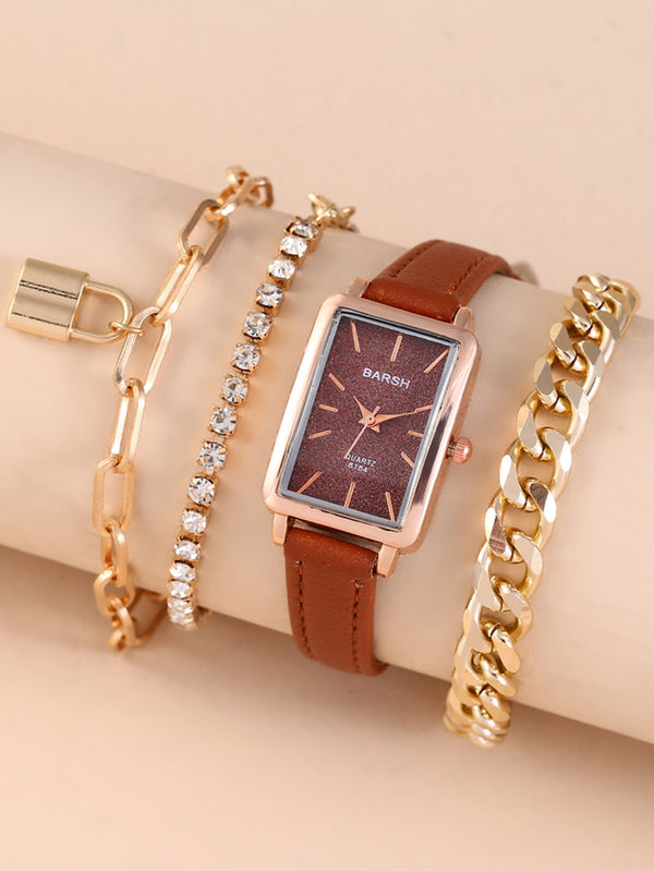 Shein- 1pc Rectangle Pointer Quartz Watch & 3pcs Bracelet