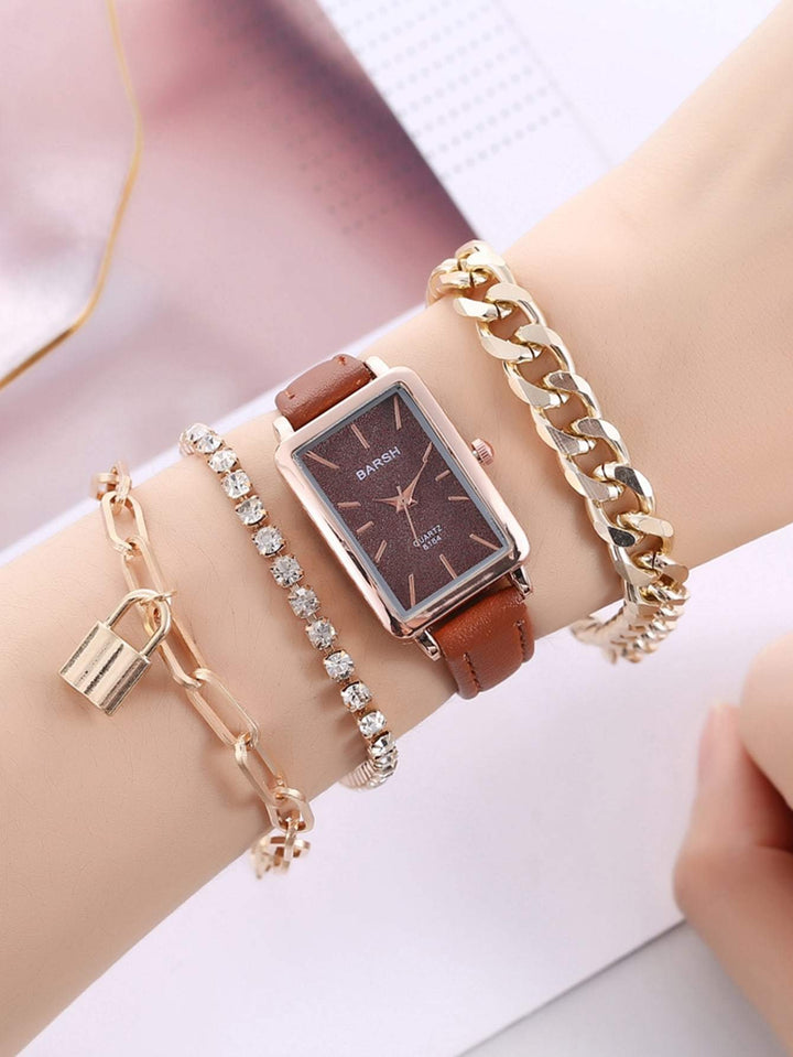 Shein- 1pc Rectangle Pointer Quartz Watch & 3pcs Bracelet