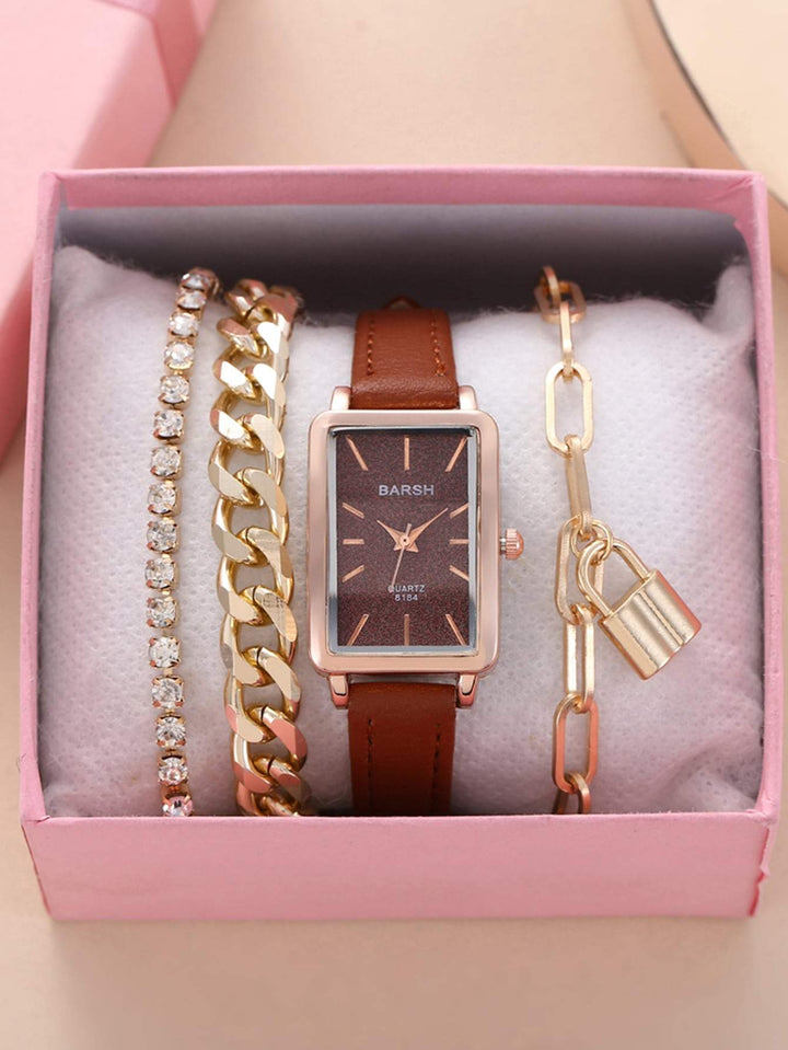 Shein- 1pc Rectangle Pointer Quartz Watch & 3pcs Bracelet