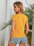 Shein- Polka Dot Contrast Lace Notched Neck Blouse