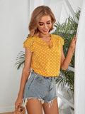 Shein- Polka Dot Contrast Lace Notched Neck Blouse