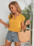 Shein- Polka Dot Contrast Lace Notched Neck Blouse