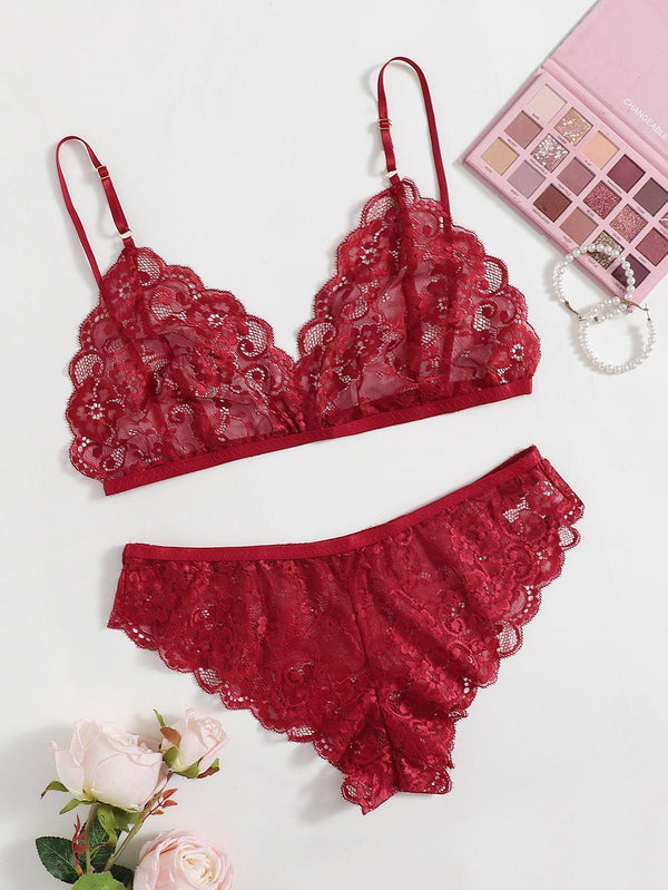 Shein- Floral Lace Scalloped Lingerie Set