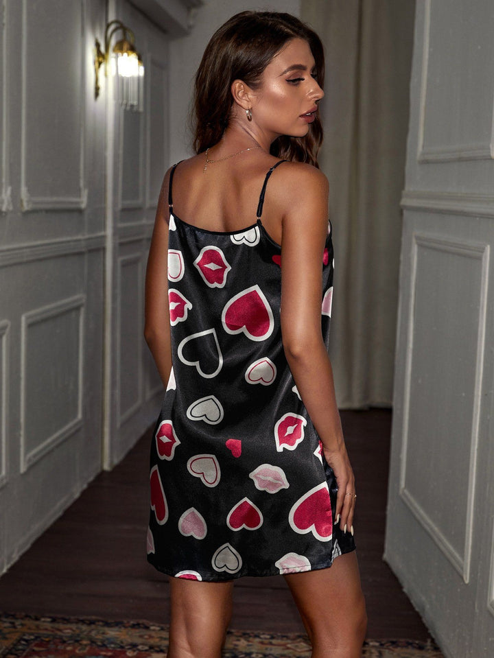 Shein- Heart & Mouth Graphic Satin Night Dress