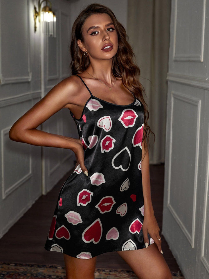 Shein- Heart & Mouth Graphic Satin Night Dress