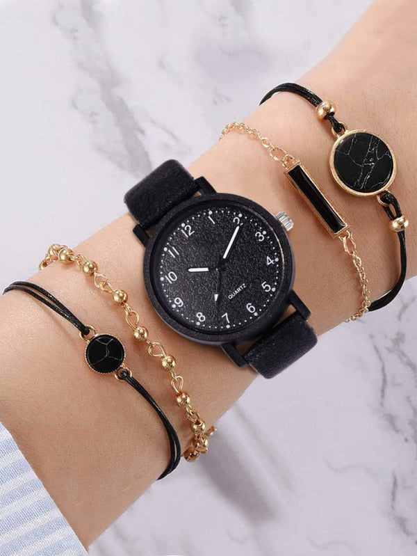 Shein- 1pc Simple Round Pointer Quartz Watch & 4pcs Bracelet