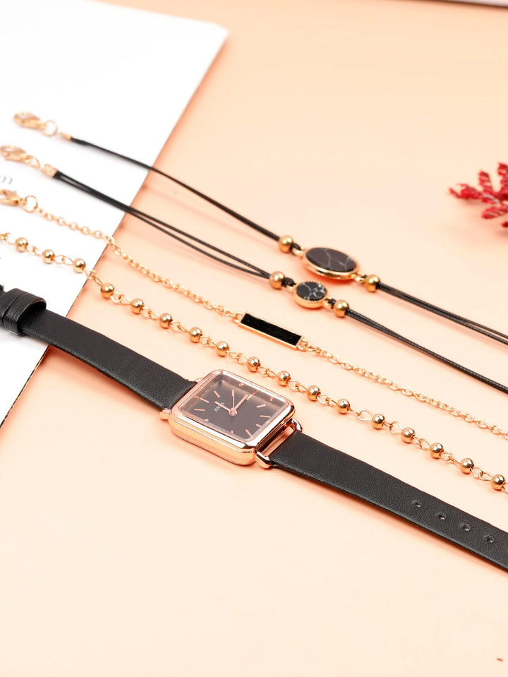 Sheinp 1pc Square Pointer Quartz Watch & 4pcs Bracelet