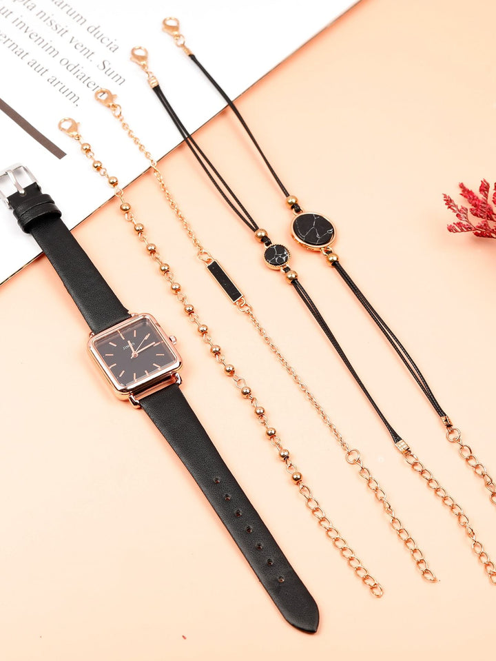 Sheinp 1pc Square Pointer Quartz Watch & 4pcs Bracelet