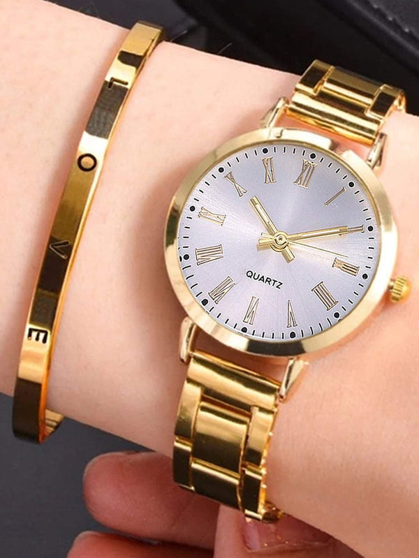 Shein- 1pc Round Pointer Quartz Watch & 1pc Bracelet