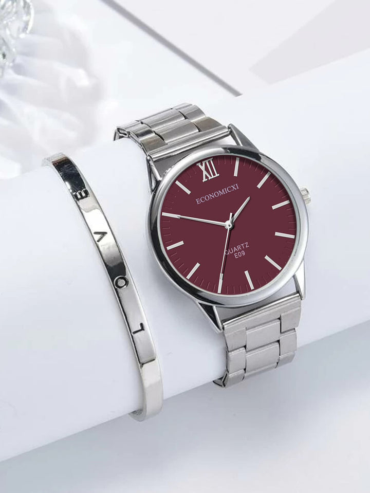 Shein- 1pc Round Pointer Quartz Watch & 1pc Bracelet