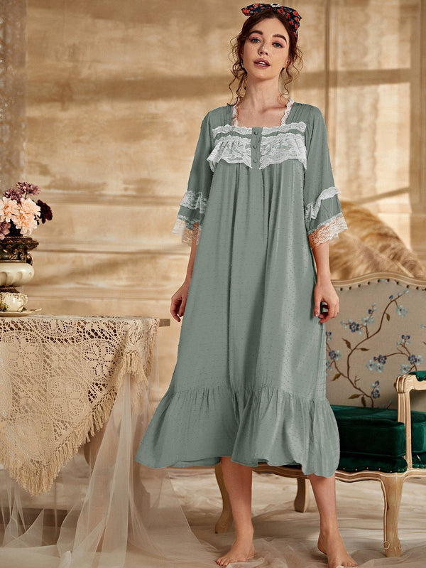 Shein- Swiss Dot Lace Trimed Ruffle Hem Night Dress