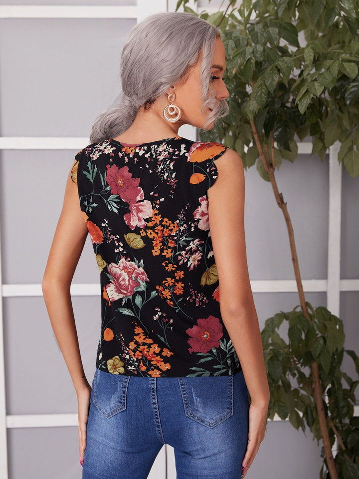 Shein- Floral Print Scallop Trim Keyhole Neck Top