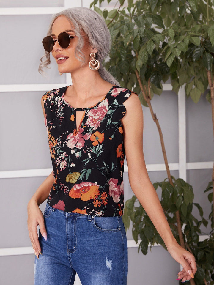 Shein- Floral Print Scallop Trim Keyhole Neck Top