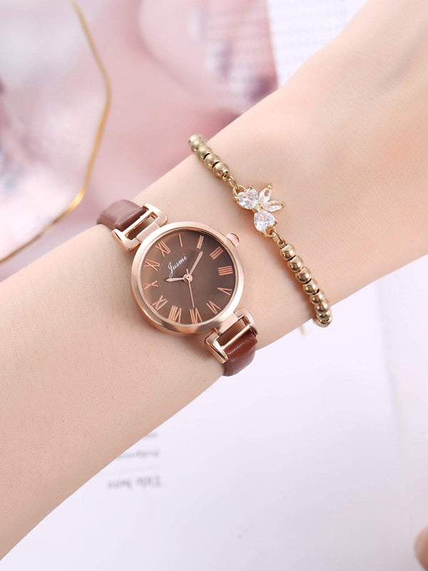 Shein- 1pc Round Pointer Quartz Watch & 1pc Bracelet