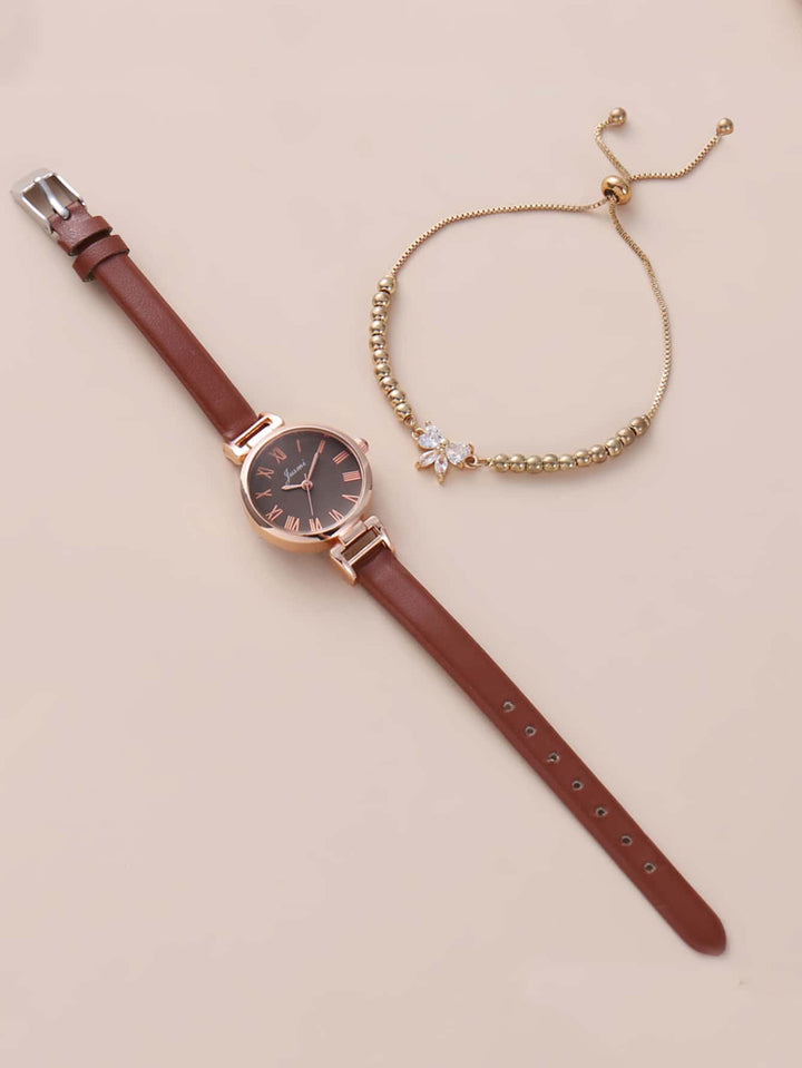 Shein- 1pc Round Pointer Quartz Watch & 1pc Bracelet