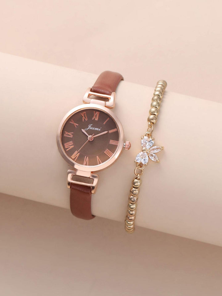 Shein- 1pc Round Pointer Quartz Watch & 1pc Bracelet