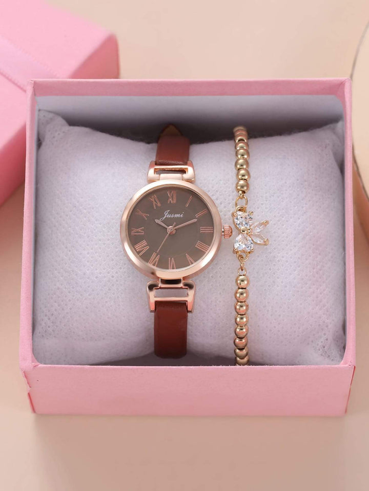 Shein- 1pc Round Pointer Quartz Watch & 1pc Bracelet