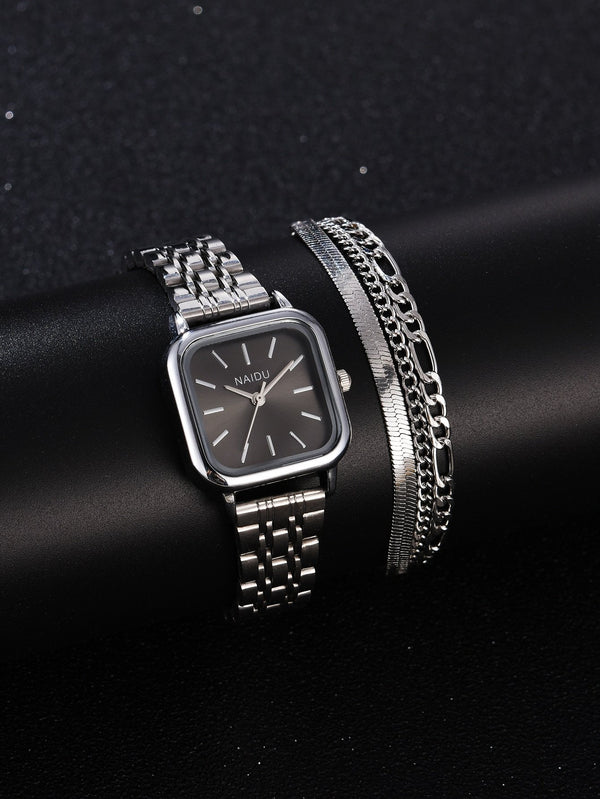 Shein- 1pc Square Pointer Quartz Watch & 3pcs Bracelet