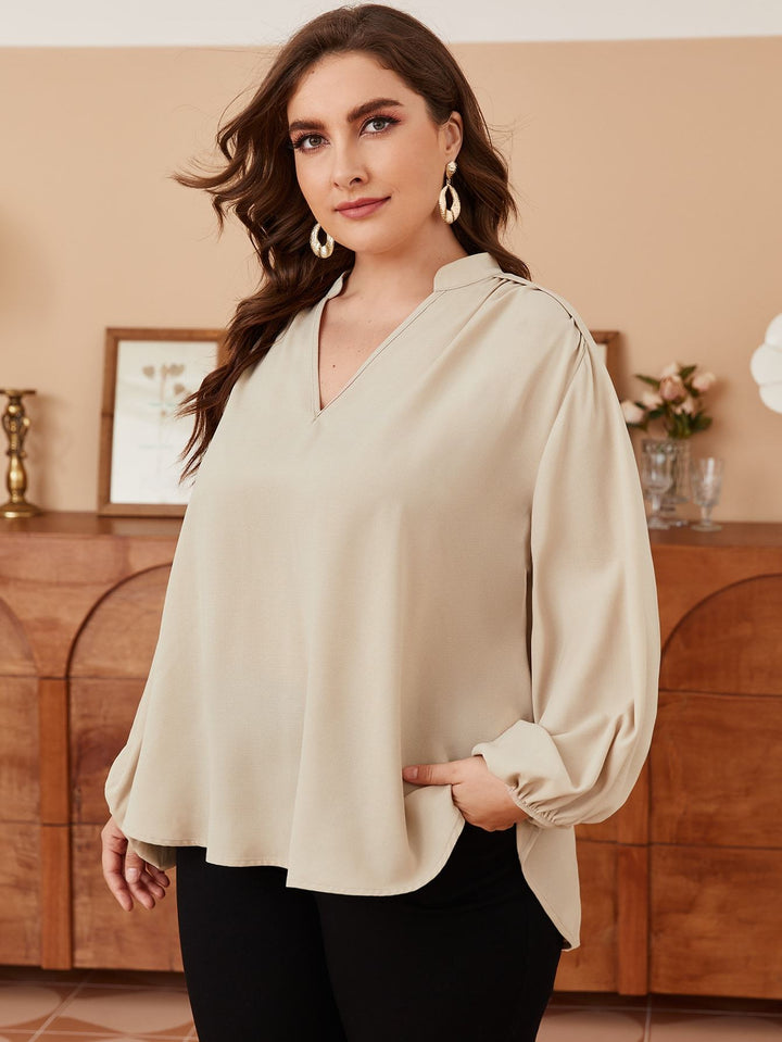 Shein- Plus Notched Neck Lantern Sleeve Blouse