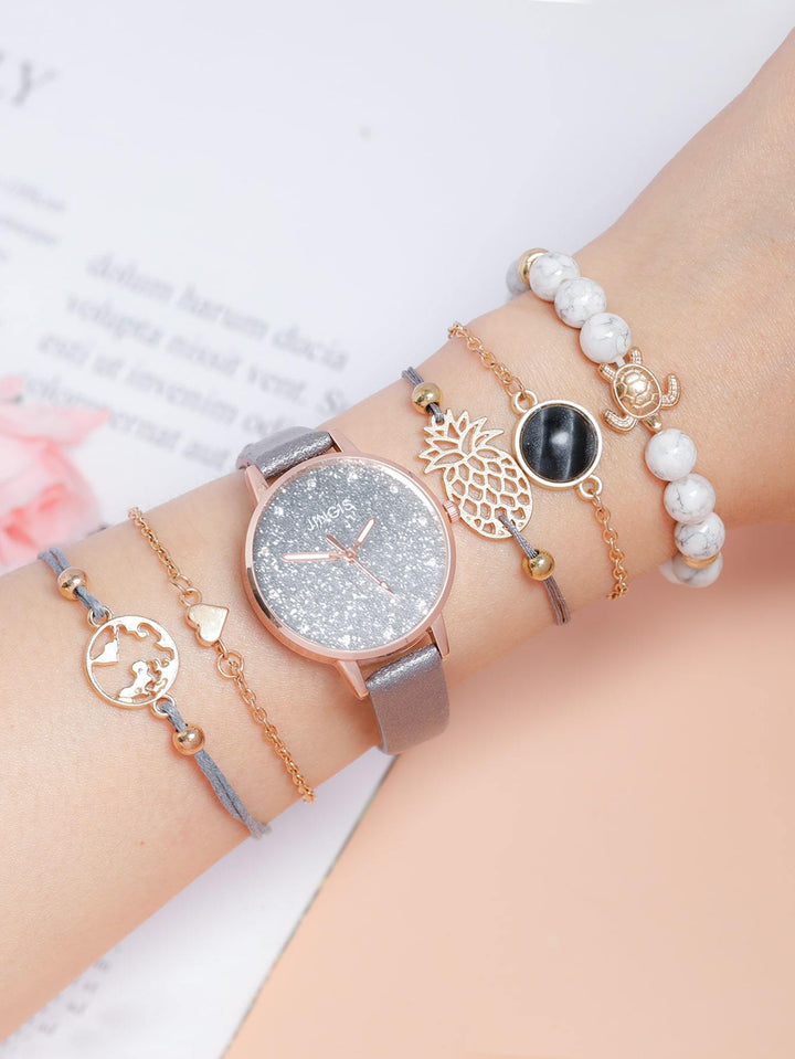 Shein- 1pc Starry Sky Dial Quartz Watch & 5pcs Bracelet