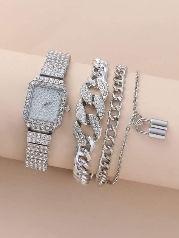 Shein- 1pc Rhinestone Decor  Quartz Watch & 3pcs Bracelet