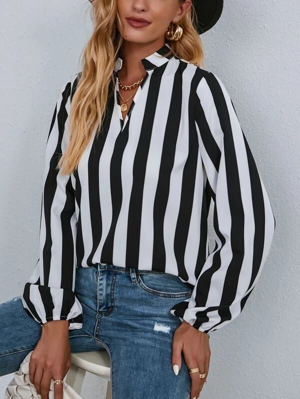 Shein- Striped Print Notched Blouse