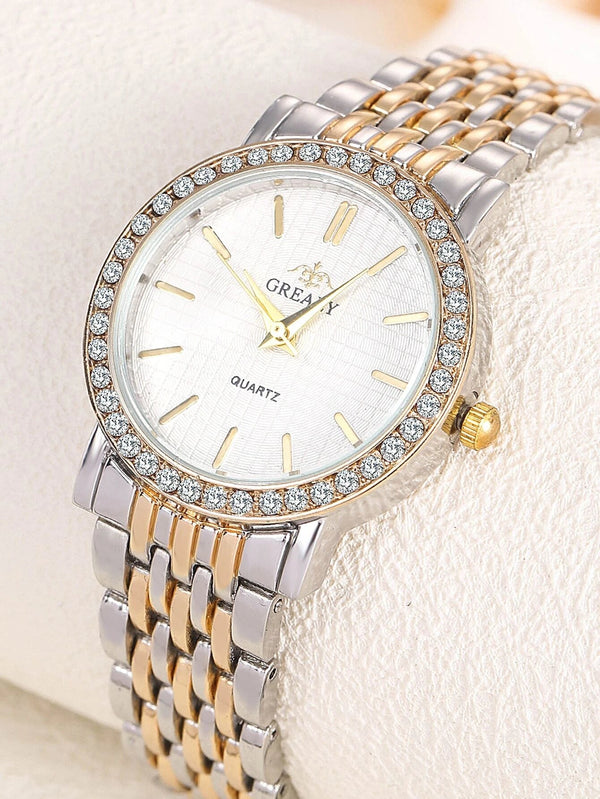 Shein- Rhinestone Decor Round Pointer Quartz Watch