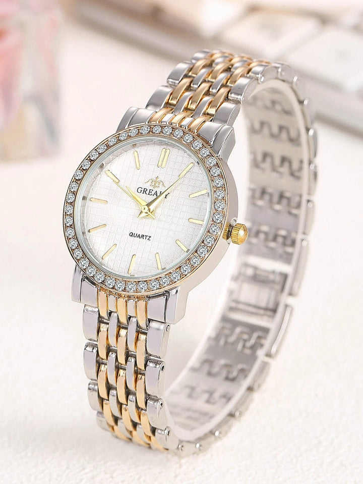 Shein- Rhinestone Decor Round Pointer Quartz Watch