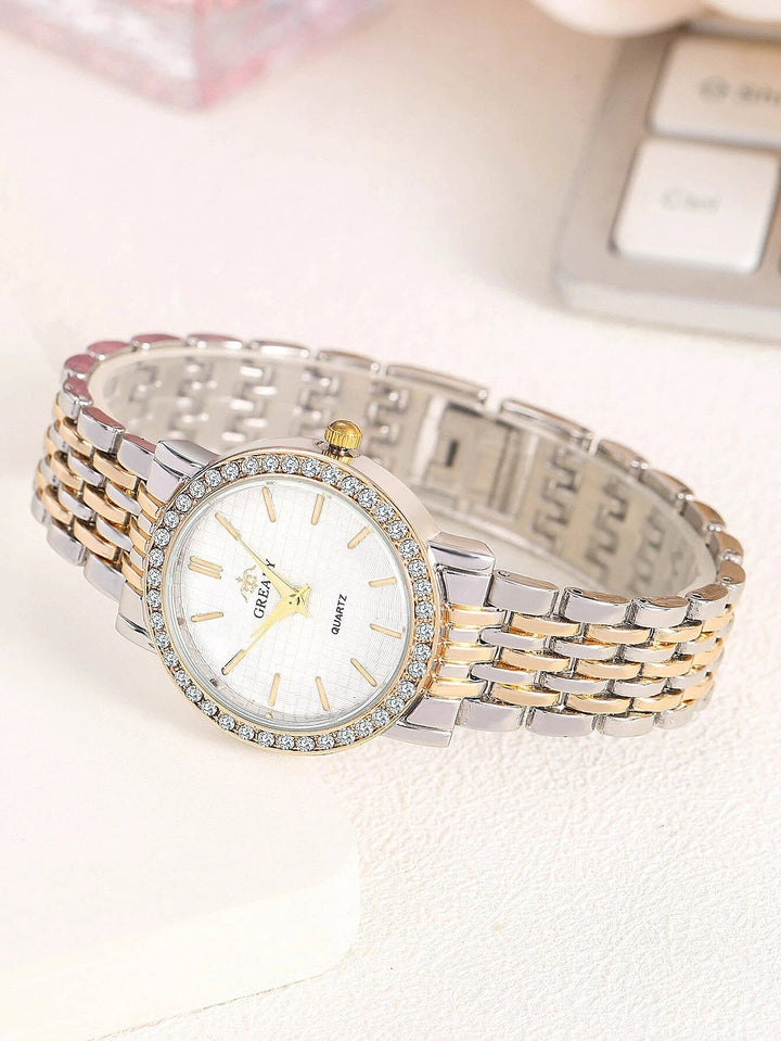 Shein- Rhinestone Decor Round Pointer Quartz Watch