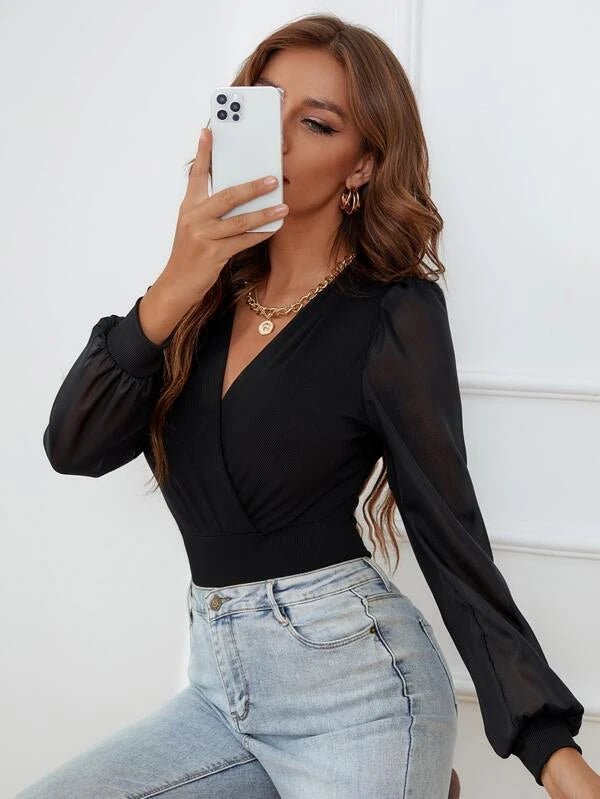 Shein- Contrast Mesh Puff Sleeve Bodysuit- Black