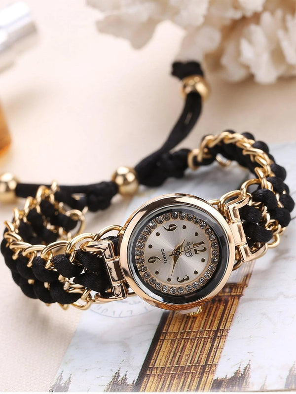 Shein- Rhinestone Decor Round Pointer Quartz Watch