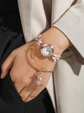 Shein - 1Pc Round Pointer Floral Strap Watch & 1Pc Bracelet