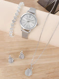 Shein- 1pc Mesh Strap Quartz Watch & 4pcs Jewelry Set