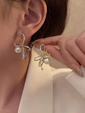 Shein Rhinestone Bow Decor Faux Pearl Earrings