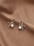 Shein Rhinestone Bow Decor Faux Pearl Earrings