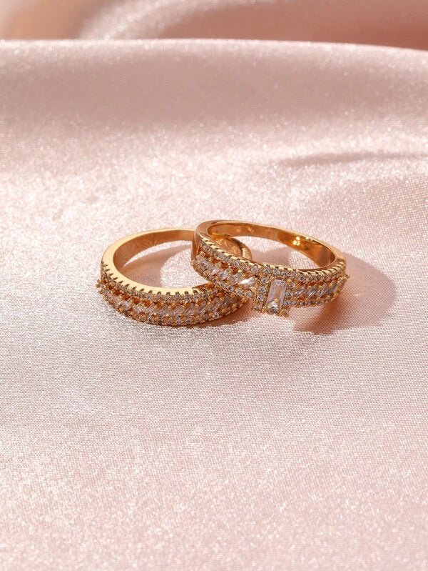 Shein- 2pcs 18K Gold Plated Zircon Decor Ring