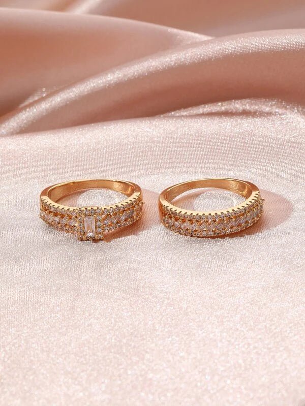 Shein- 2pcs 18K Gold Plated Zircon Decor Ring